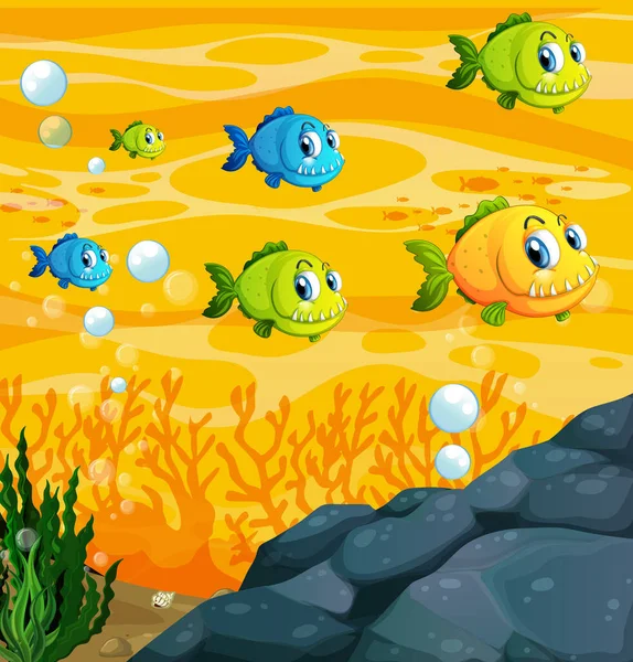 Veel Exotische Vissen Cartoon Karakter Onderwater Scène Met Koralen Illustratie — Stockvector