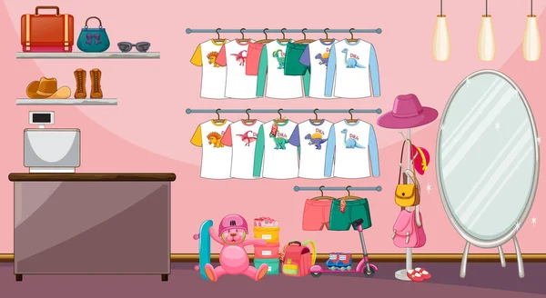 Vêtements Pour Enfants Sur Une Corde Linge Avec Nombreux Jouets — Image vectorielle