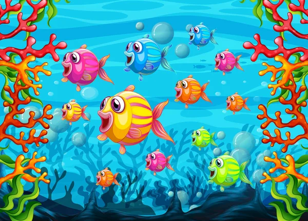 Muitos Peixes Exóticos Personagem Cartoon Fundo Subaquático Ilustração —  Vetores de Stock