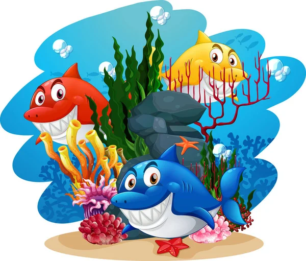 Many Sharks Cartoon Character Underwater Background Illustration — Stock Vector