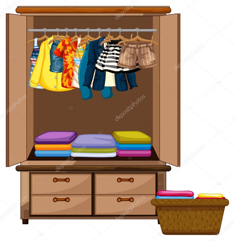 Clothes hanging in wardrobe with clothes basket on white background illustration