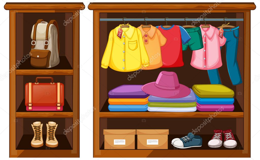 Clothes hanging in wardrobe with accessories on white background illustration