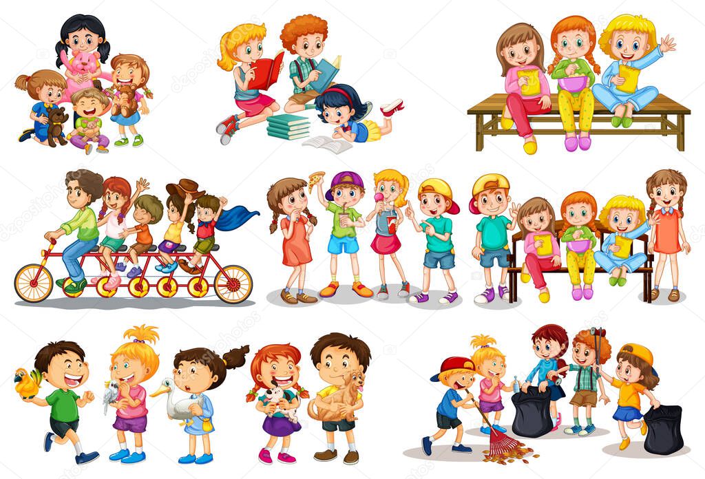 Set of different kid playing with their toys cartoon character isolated on white background illustration