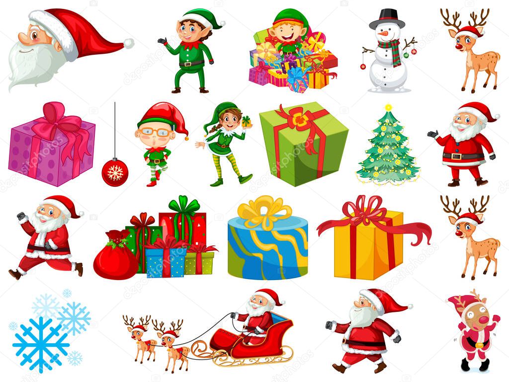 Set of Santa Claus cartoon character and Christmas objects isolated on white background illustration