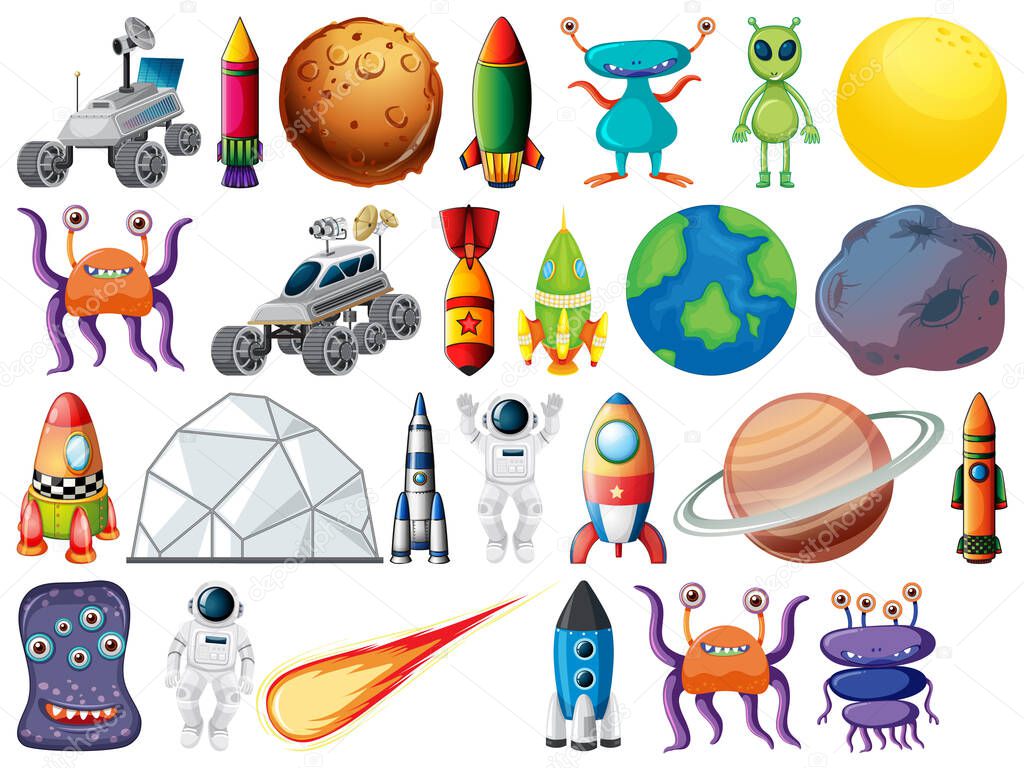 Set of space objects and elements isolated on white background illustration