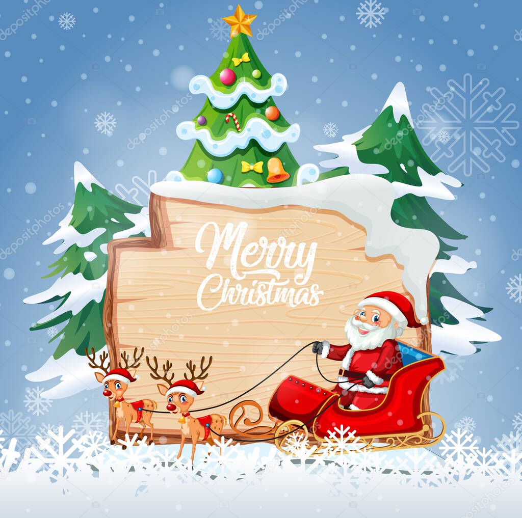 Merry Christmas font logo on wooden board with Christmas cartoon character in snow scene illustration