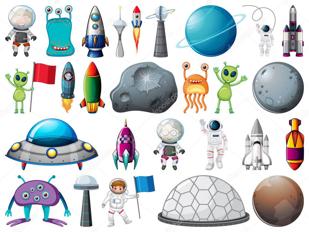 Set of space objects and elements isolated on white background illustration