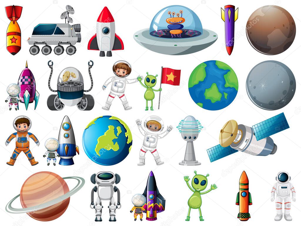 Set of space objects and elements isolated on white background illustration