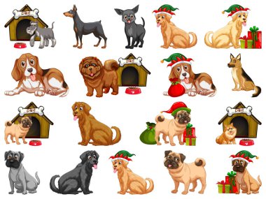 Çizgi film tarzındaki farklı komik köpekler beyaz arkaplan resimlerinde izole edilmiş.