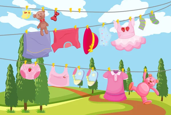 Cute Children Clothes Hanging Line Outdoor Scene Illustration — Stock Vector