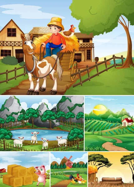 Set Diverse Illustrazioni Della Scena Agricola — Vettoriale Stock