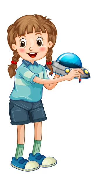 Dívka Drží Raketa Hračka Kreslený Znak Izolované Bílém Pozadí Ilustrace — Stockový vektor