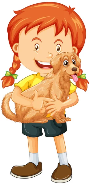 Girl Holding Cute Dog Cartoon Character Isolated White Background Illustration — Stock Vector