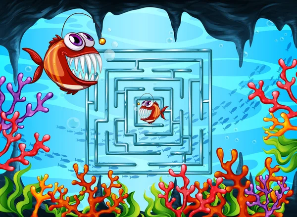 Labyrinth Spiel Der Unterwasser Thema Vorlage Illustration — Stockvektor