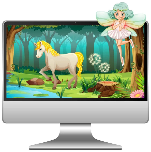 Monitor Computer Con Fata Sullo Schermo Illustrazione — Vettoriale Stock