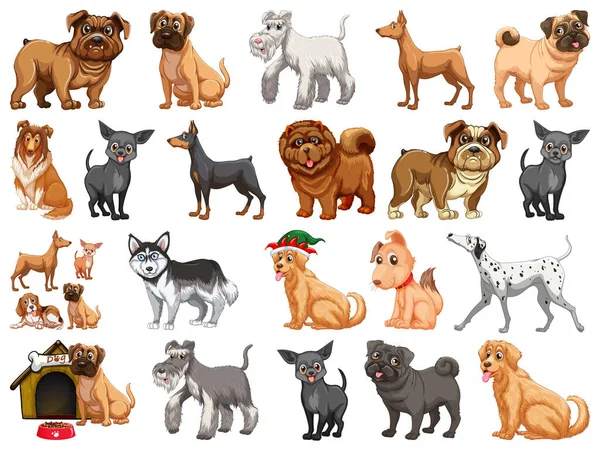 Verschiedene Lustige Hunde Cartoon Stil Isoliert Auf Weißem Hintergrund Illustration — Stockvektor