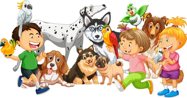 Grupo Niños Con Sus Perros Sobre Fondo Blanco Ilustración — Archivo Imágenes Vectoriales