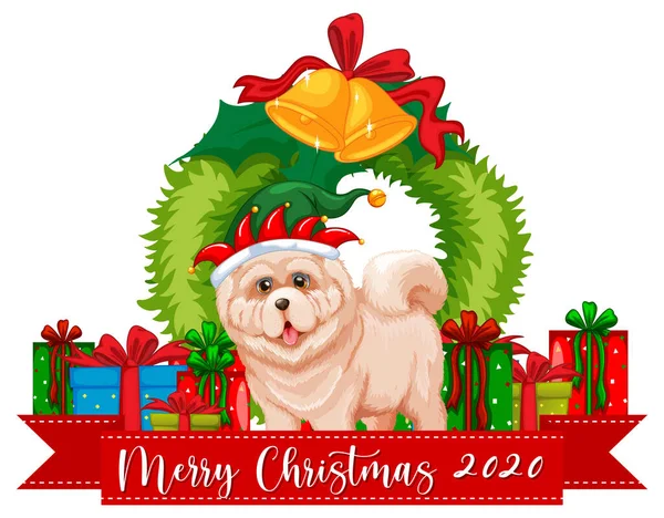 Feliz Navidad 2020 Banner Fuente Con Lindo Perro Muchos Regalos — Vector de stock