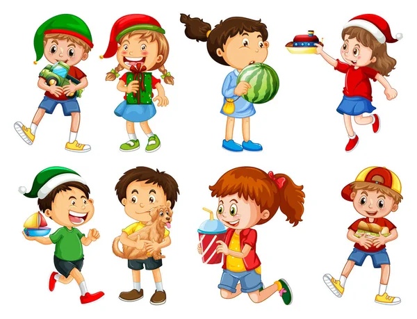 Conjunto Diferentes Niños Jugando Con Sus Juguetes Personaje Dibujos Animados — Vector de stock