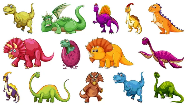 Sada Různých Dinosaurus Kreslený Znak Izolované Bílém Pozadí Ilustrace — Stockový vektor