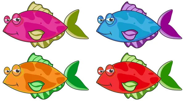 Conjunto Muchos Peces Divertidos Personaje Dibujos Animados Aislados Ilustración Fondo — Vector de stock