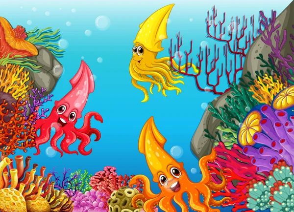 水中の背景イラストの多くの異なるイカ漫画のキャラクター — ストックベクタ