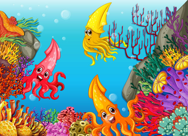 Many different squids cartoon character in the underwater background illustration