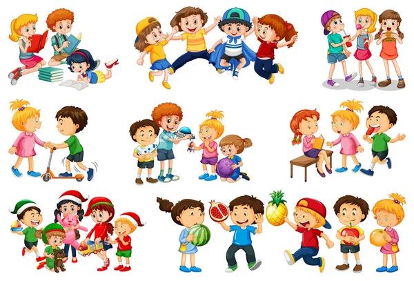 Set Van Verschillende Kinderen Spelen Met Hun Speelgoed Cartoon Karakter — Stockvector
