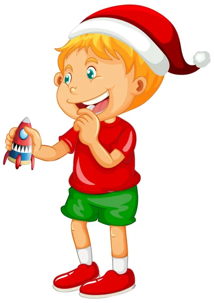 可爱的男孩戴着圣诞帽 在白色背景图上玩他的玩具 — 图库矢量图片