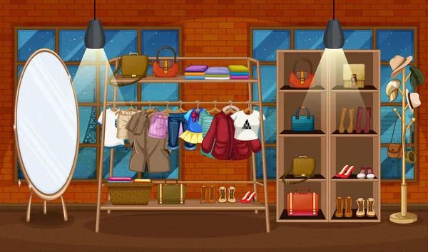 Roupas Penduradas Rack Roupas Com Acessórios Prateleiras Cena Sala Ilustração —  Vetores de Stock