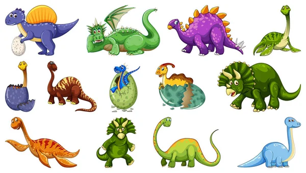 Conjunto Diferentes Personagens Desenhos Animados Dinossauros Isolados Fundo Branco Ilustração — Vetor de Stock
