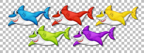 Set Many Smiling Cute Shark Cartoon Character Isolated Transparent Background — Stock Vector