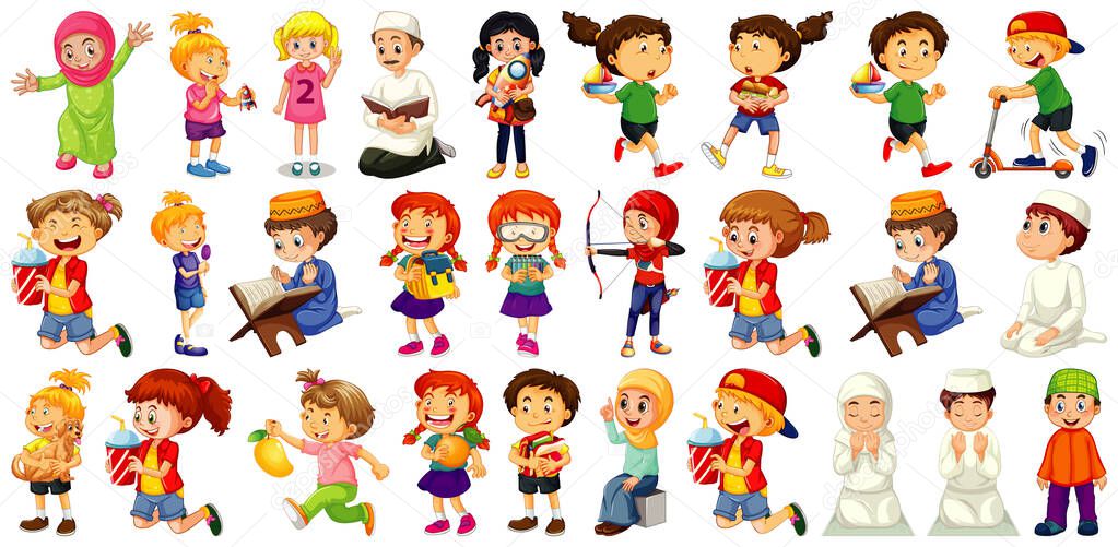 Children doing different activities cartoon character set on white background illustration