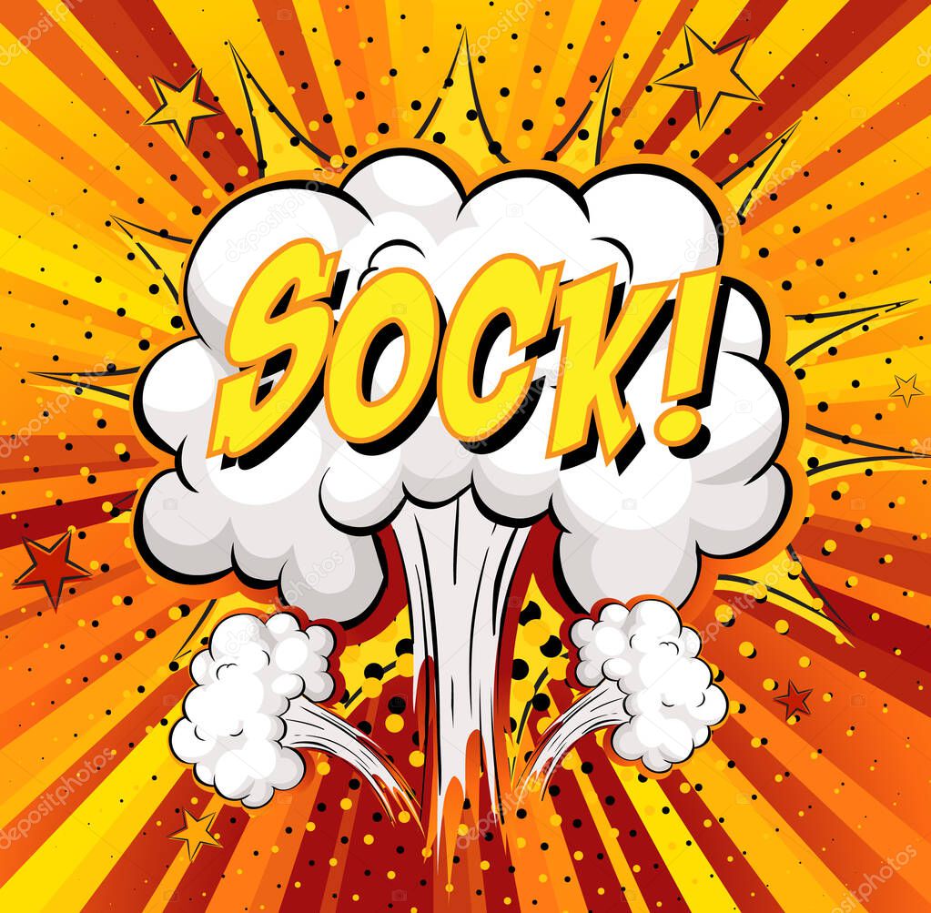 SOCK text on comic cloud explosion on rays background illustration