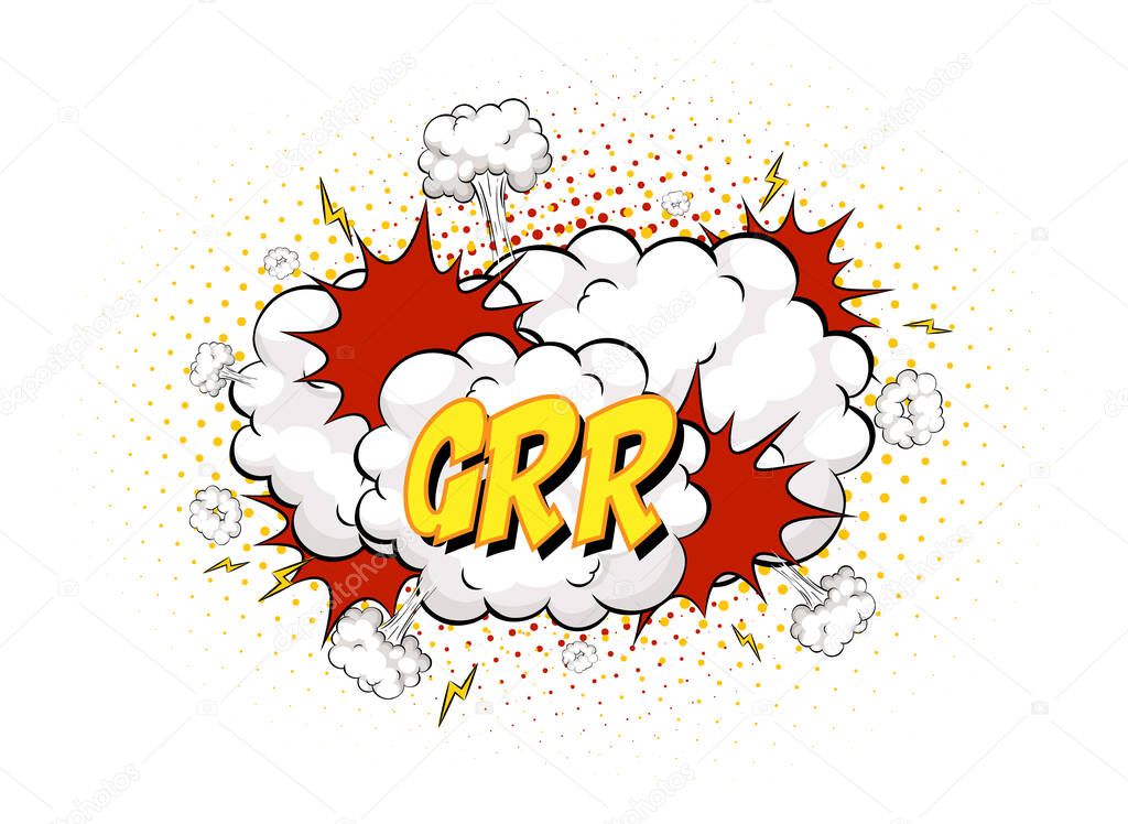 GRR text on comic cloud explosion isolated on white background illustration