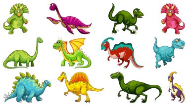 Beyaz arkaplan çiziminde izole edilmiş farklı dinozor çizgi film karakterleri