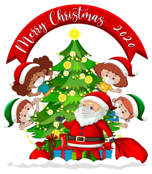 Veselé Vánoce 2020 Písmo Banner Dětmi Nosí Masku Bílém Pozadí Royalty Free Stock Ilustrace