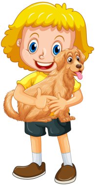 Beyaz arkaplanda izole edilmiş şirin bir köpek çizgi film karakteri tutan bir kız.