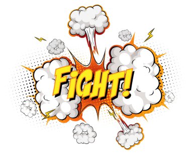 Beyaz arkaplan illüstrasyonunda izole edilmiş komik bulut patlaması üzerine dövüş metni