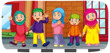Birçok Müslüman çocuğun olduğu açık hava sahnesi çizgi film karakteri çizimi