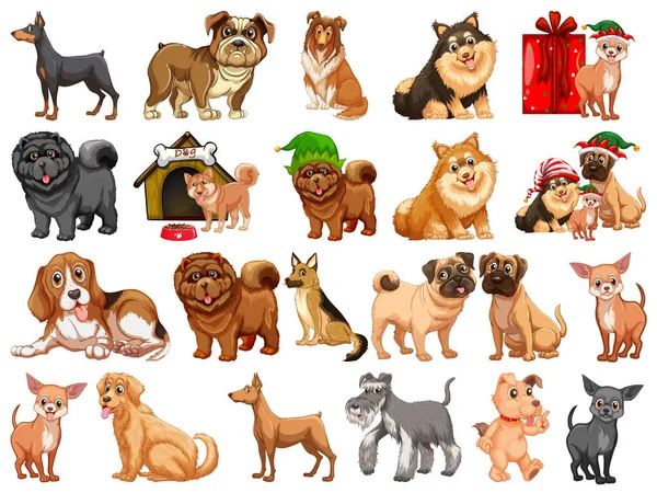 Çizgi film tarzındaki farklı komik köpekler beyaz arkaplan resimlerinde izole edilmiş.