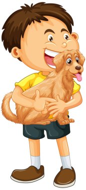 Beyaz arkaplanda izole edilmiş şirin bir köpek çizgi film karakteri tutan bir çocuk.