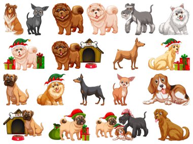 Çizgi film tarzındaki farklı komik köpekler beyaz arkaplan resimlerinde izole edilmiş.