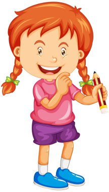 Beyaz arkaplanda izole edilmiş kalem karikatür karakteri tutan bir kız.