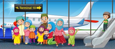 Havalimanı illüstrasyonunda Müslüman aile