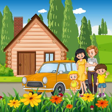 Resmin önünde duran mutlu aile.