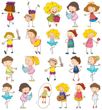 Farklı karalama çocukları çizgi film karakteri çizimleri