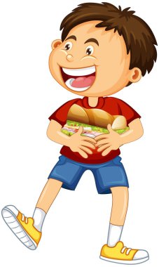 Mutlu çocuk çizgi film karakteri. Sandviç resimlerini kucaklıyor.