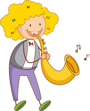 Saksafon karikatürü oynayan karikatürcü bir çocuk izole edilmiş bir illüstrasyon.