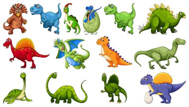 Beyaz arkaplan çiziminde izole edilmiş farklı dinozor çizgi film karakterleri